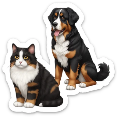 A Bernese dog beside A tortoiseshell cat without white sticker