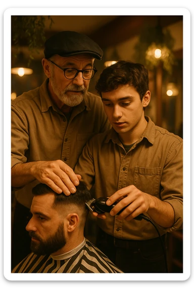 Inside a cozy barbershop with soft lighting, an experienced barber gently teaches his apprentice, guiding his hands as they cut hair together. The room is filled with warmth, plants hanging from the ceiling, and the hum of clippers sticker