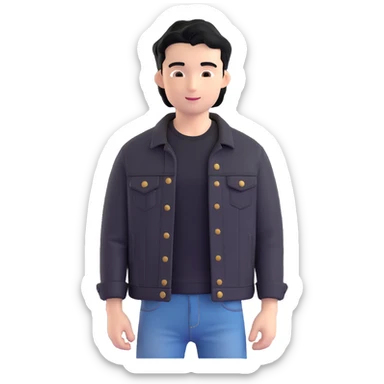 3D emoji Microsoft style, young man with black hair, wearing black t-shirt and black denim jacket, based on photo reference, slight smile sticker