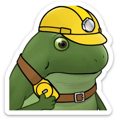 Make the baby oil bottle look like a construction worker with a hard hat and tool belt, in the green bufo frog meme style, no background. sticker