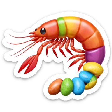 Shrimp made from candy like smarties, skittles, mars bar, nerds colorful sticker
