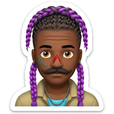 big lose braids starting from the top of the head man with mustache face wiith big visible braids and lots and lots of colored face tattoos colored tattoos like a tattoo artist hair unique color sticker