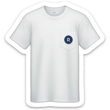 white tshirt with navy letter r on breast pocket sticker