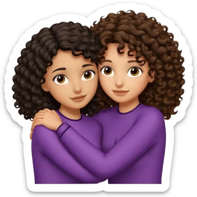 Girl with black curly wavy hair taller and light brown tan skin hugging another girl with medium length brunette curly hair short and long eyelashes sticker