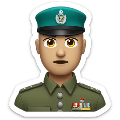 Bald white angry soldier with teal beret and idf uniform sticker