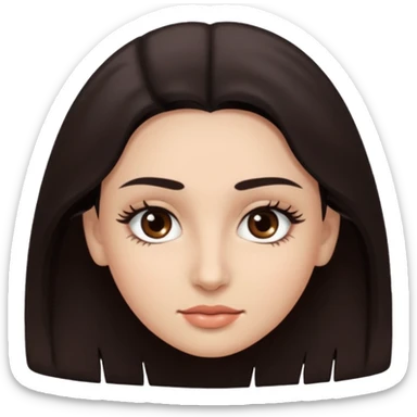 Rostro de forma ovalada con facciones delicadas. Ojos grandes y expresivos de color café oscuro, con pestañas largas y definidas. Cejas oscuras, pobladas y bien formadas. sticker