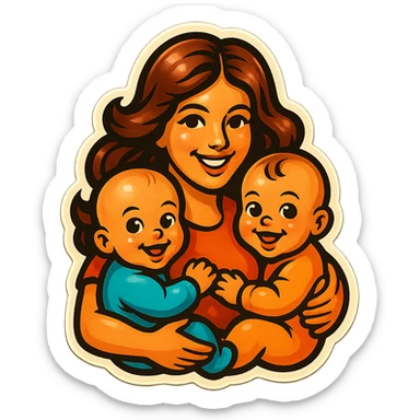 a mother with long wavy hair, holding two babies close, both babies smiling, large expressive eyes and lips, retro stickers style sticker
