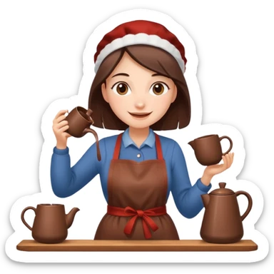 A cheerful woman wearing a winter apron, pouring cocoa from a kettle into tiny cups.
 sticker