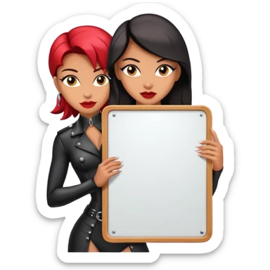 A dominatrix holding a large sign sticker