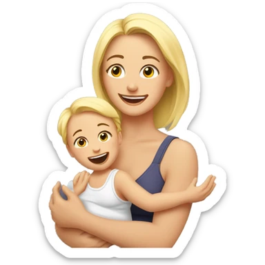 an EMOJI of a young mother with blonde hair, waist-up portrait, joyfully lifting baby in the air. The mother is lifting the baby with raised hands high above hear head and they look into each other eyes sticker