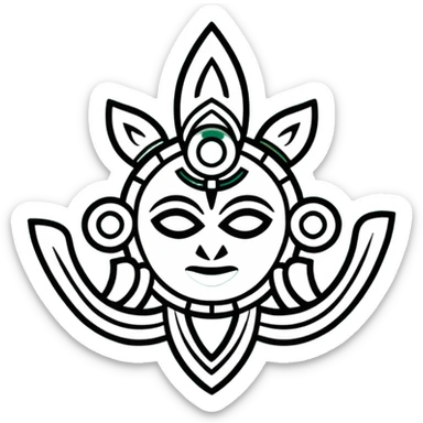 Minimalist ancient Maya symbol with clean lines, predominantly white with deep green and black accents, inspired by sacred geometry sticker