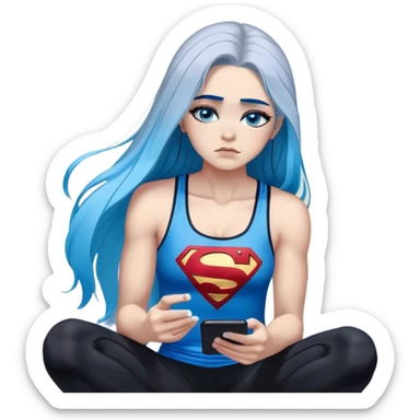 Shameful disappointed crying-very very very very big chest-texting on a samsung cell phone-very long straight flowing black to sky blue hair ombre-blue eyes-black eyeliner-long eyelashes-plastic sparkling sky blue very low cut tank top with sparkling superman logo-black leggings-nike sneakers sticker
