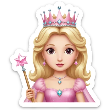 Glinda the Good Witch with blonde hair, sparkly crown, pink puffy dress, and magic wand sticker
