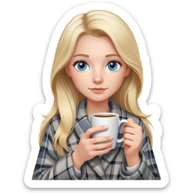 girl
blue eyes
long blond hair
wearing grey plaid housecoat
holding a white mug of coffee
wearing rose gold apple watch  sticker