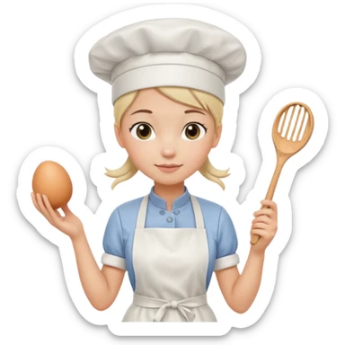 Young female pastry chef - ponytail, apron, wearing a white hat, holding an egg beater in her right hand, and naturally hanging her left hand to her side sticker