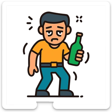 GTA-style character icon, looking drunk, wobbly stance, droopy eyes, holding a bottle, color outline style sticker