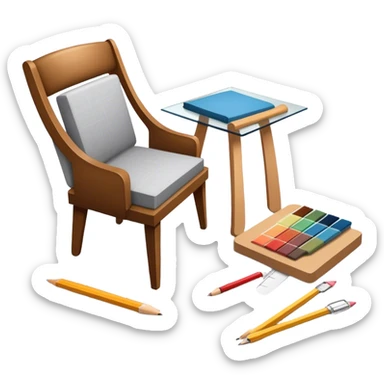 Icon for Furniture Design: a design process showing a sketch of a furniture piece, tools like a ruler and pencil, fabric swatches, and a 3D model of the piece being developed. The icon should represent the stages of furniture design and craftsmanship. Transparent background. sticker