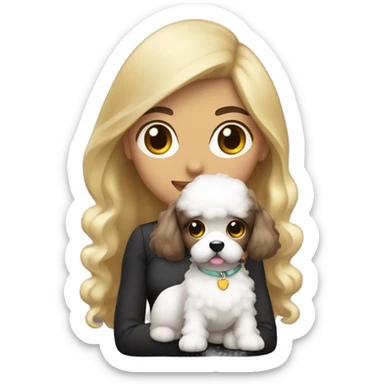 chica morena de pelo oscuro con su perra caniche blanca juntas sticker