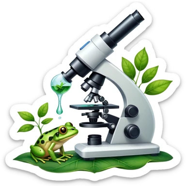 An icon featuring a DNA strand, a microscope, and a green leaf, symbolizing biology. The design includes animal cells, plant structures, and a frog, representing the study of living organisms and ecosystems. Transparent background highlights life sciences and biological research. sticker