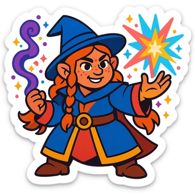female dwarf sorcerer from DnD, vibrant magical effects sticker