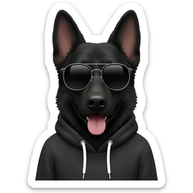 Black German shepherd dog wearing a hoodie and sunglasses sticker