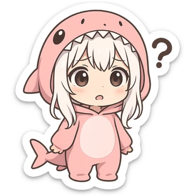 chibi style anime girl with white hair in a pink shark onesie, confused and cute expression sticker