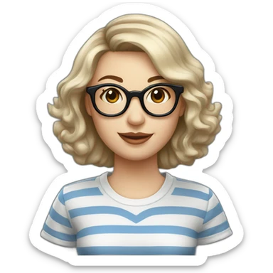 caucasian woman with retro glasses, dark brown hair a bob haircut, bangs, braces on teeth, blue and white striped t shirt sticker