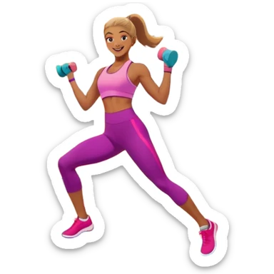An energetic person performing an aerobics workout in a brightly lit gym, jumping and stretching with enthusiasm. The scene includes vibrant fitness equipment like dumbbells and exercise mats, with a background of cheerful, motivating colors, conveying energy and movement. sticker