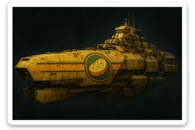 a massive cruiser size space supercarrier space ship, except it is decorated in a garlic bread insignia and paint scheme sticker