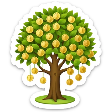 Apple-style money tree (10 coints), round soft green canopy.
No pot, no ground — only the tree.
Small gold coins as fruits inside the leaves (not below).
Flat 2D vector, clean shapes, no gradients.
Dark near-black background, premium fintech icon. sticker