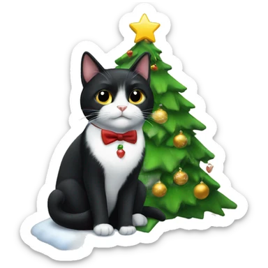 Black tuxedo cat sitting Christmas tree  sticker