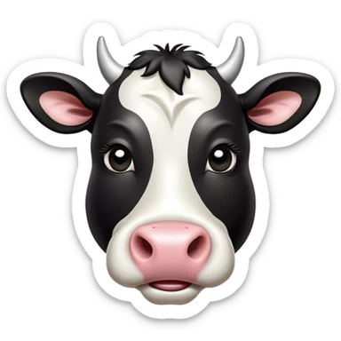 Cinematic Comical Black and White Cow Portrait Emoji, Head tilted dramatically with an exaggeratedly amused expression, featuring a striking, glossy coat of bold black and white, wide, expressive brown eyes filled with playful disbelief, Simplified yet hilariously expressive features, highly detailed, glowing with a slightly sassy glow, high shine, dramatic yet playful, stylized with an air of cheeky mischief, bright and endearing, soft glowing outline, capturing the essence of a spirited and over-the-top cow, so meme-worthy it feels like it could moo its way into internet fame instantly! sticker