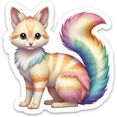 cute adorable pastel-iridescence-gradients albino fur with random colorful iridescent rainbow markings beautiful elegant pretty precious cute  Fakémon-Pokémon-opossum-feline-serval-caracal-chinchilla-Minccino-hybrid-creature with a big fluffy bushy striped tail (full body) sticker