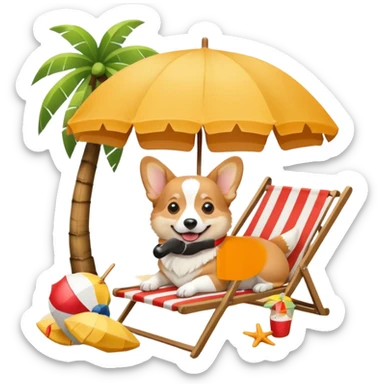 a corgi dog laied on a beach chair, a sunny beach, a sun umbrella, and beach coconut trees. the icon should capture the essence of a relaxing beach vacation with a carefree atmosphere sticker