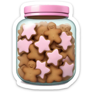 Realistic glass cookie jar with light pink lid full of gingerbread cookies isolated.  sticker