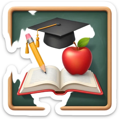 An icon featuring an open book, a pencil, and an apple, symbolizing education and pedagogy. The design includes a chalkboard with a lesson plan and a graduation cap, representing teaching and learning. Transparent background highlights the nurturing of knowledge and growth. sticker