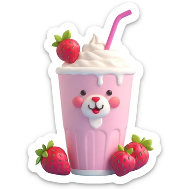 3D iOS style strawberry milkshake cup with a straw, bear character peeking out, two strawberries with green leaves, pink cherry blossoms, pastel palette, soft shadows, minimal design sticker