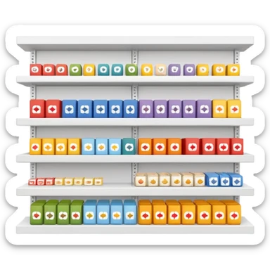 "Minimalist Japanese retail shelf display, products aligned identically across horizontal rows, vertically varied by type, clean spacing, precise symmetry, soft neutral lighting, aesthetic composition, highly organized, front-facing packages, ultra-detailed." sticker