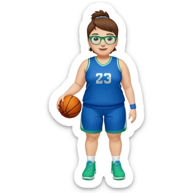 Full Body plus size white female basketball player with short medium brown hair with short spike hair wearing blue glasses 
With a small wide nose wearing blue green uniform  green sneakers smiling wearing silver hoop earrings sticker
