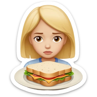 The girl looks sadly at the food sticker