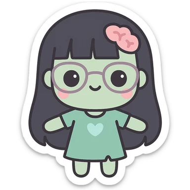 zombie girl with long black hair, bangs, and glasses, kawaii style sticker