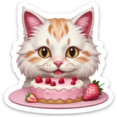 Close-up portrait of a fluffy cat eating a strawberry cake, pink cream on its nose and whiskers, detailed fur texture, soft natural light, shallow depth of field, high resolution, cute and candid moment
 sticker