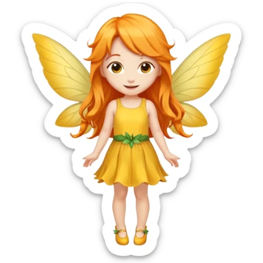 fairy with long orange hair, yellow wings, yellow dress, happy, chibi full body sticker