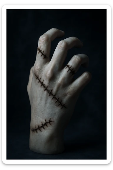 Wednesday Addams' hand inspired by Thing with stitched scars, moody gothic atmosphere sticker