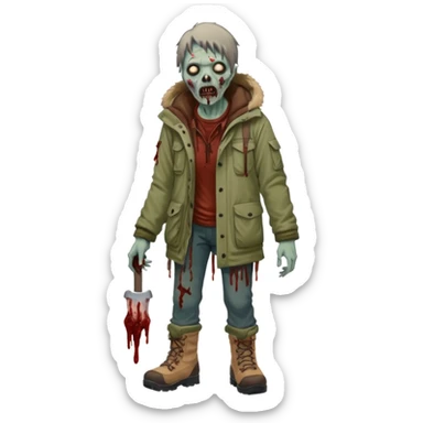Local alaskan who has turned it zombies in the style of the walking dead, with rotting flesh and dripping blood but distinctively Alaskan. In the style of your bleeding skull art but Alaskan zombie. Full body sticker