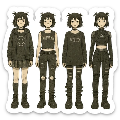 outfit designs for a VTUBER OC. The style is mixed 90's grunge, punk, lots of black and white in the color scheme, futuristic aesthetic. Clothing has small rips and tears from wear, logos and designs are faded. Garage, Shoegaze, postmodern style. character design concept art outfits for a female. [[FUTUREPUNK CYBERGOTH]] front on view, not 3/4 angle or any angle, perfect front sticker