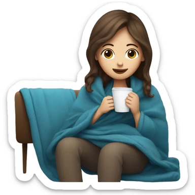 Brown hair Girl drinking coffee, with a blue cozy blanket sticker