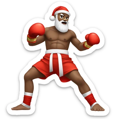 Santa dressed as a Muay Thai fighter doing a knee strike with white skin sticker