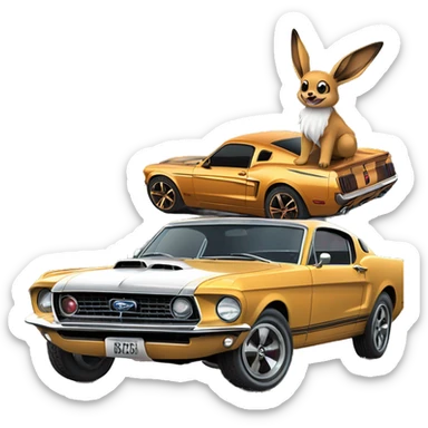 Eevee next to a ford mustang 67 on top of the World  sticker