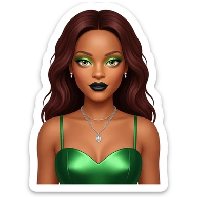 Rihanna with hazel green eyes, long dark auburn hair, light green eyeshadow, black lipstick, green metallic sweetheart dress, silver necklace and earrings sticker